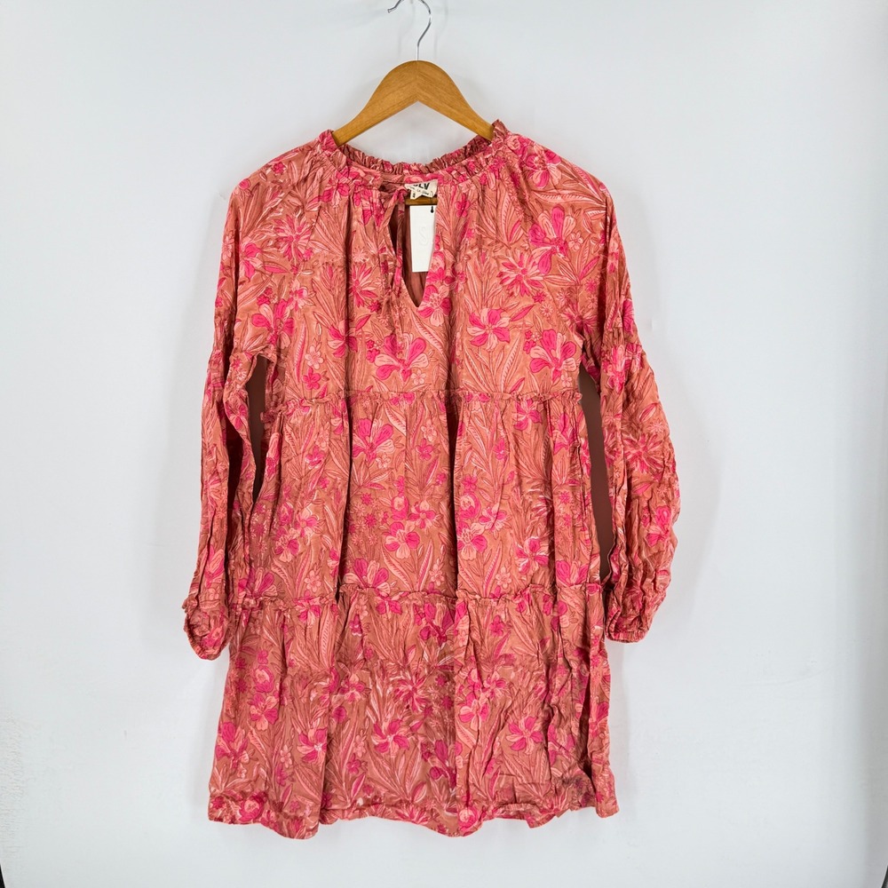 SLV Sur La Vague Floral Tiered Dress Pink One Size Boho Bohemian Cotton Mini
